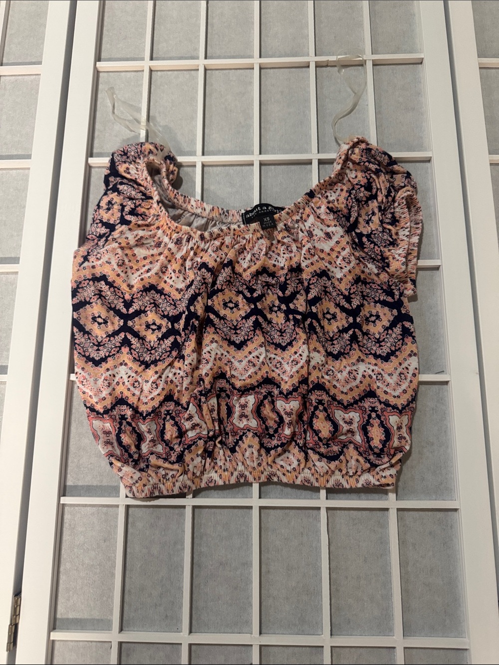 About A Girl Peach and Navy Printed Off-Shoulder Crop Top